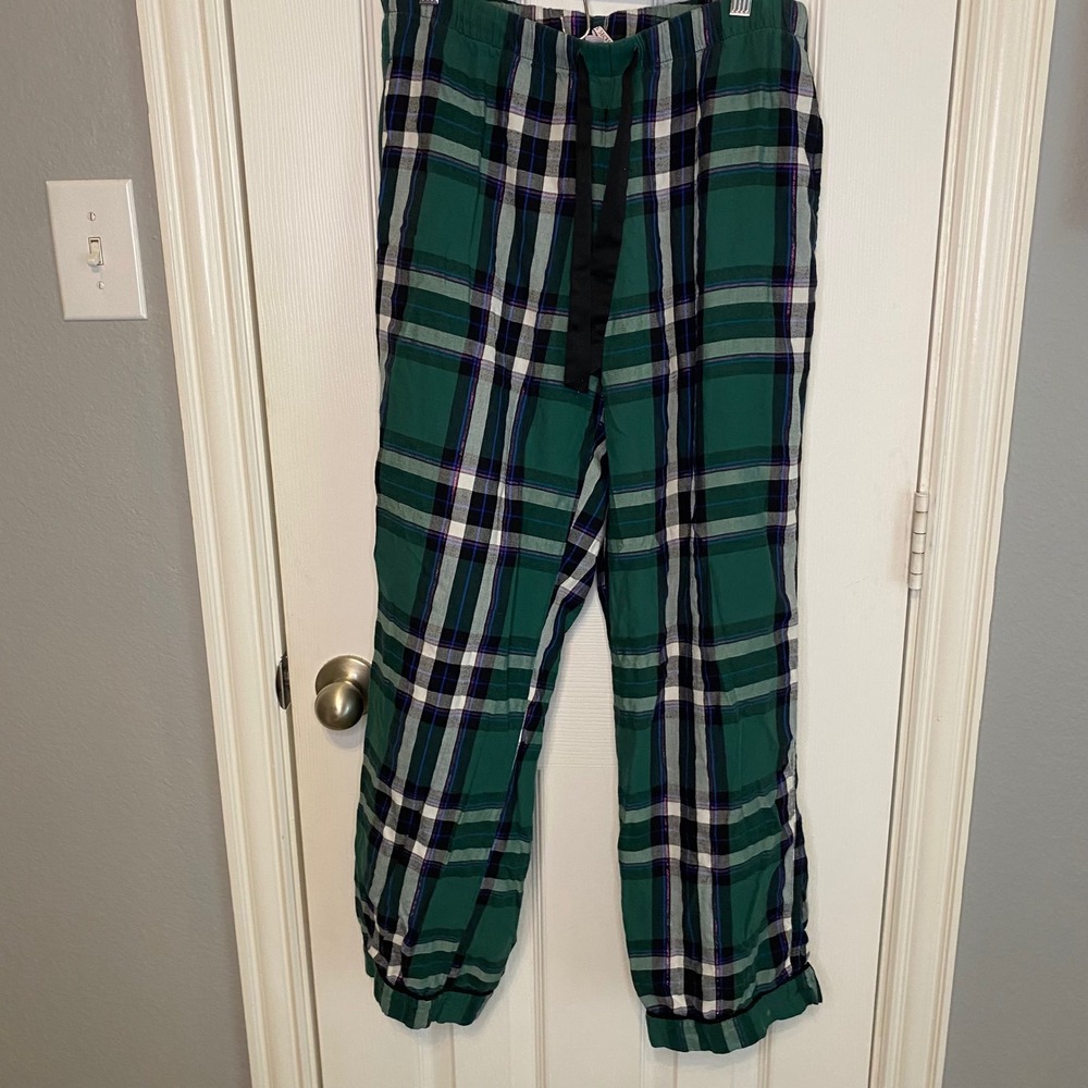 Victorias Secret Green Plaid Flannel Pajama Pants Metallic Shimmer Medium